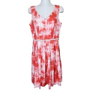 Calvin Klein Dress 8 Pink White Watercolor Belted Sheath Stretch Sleeveless